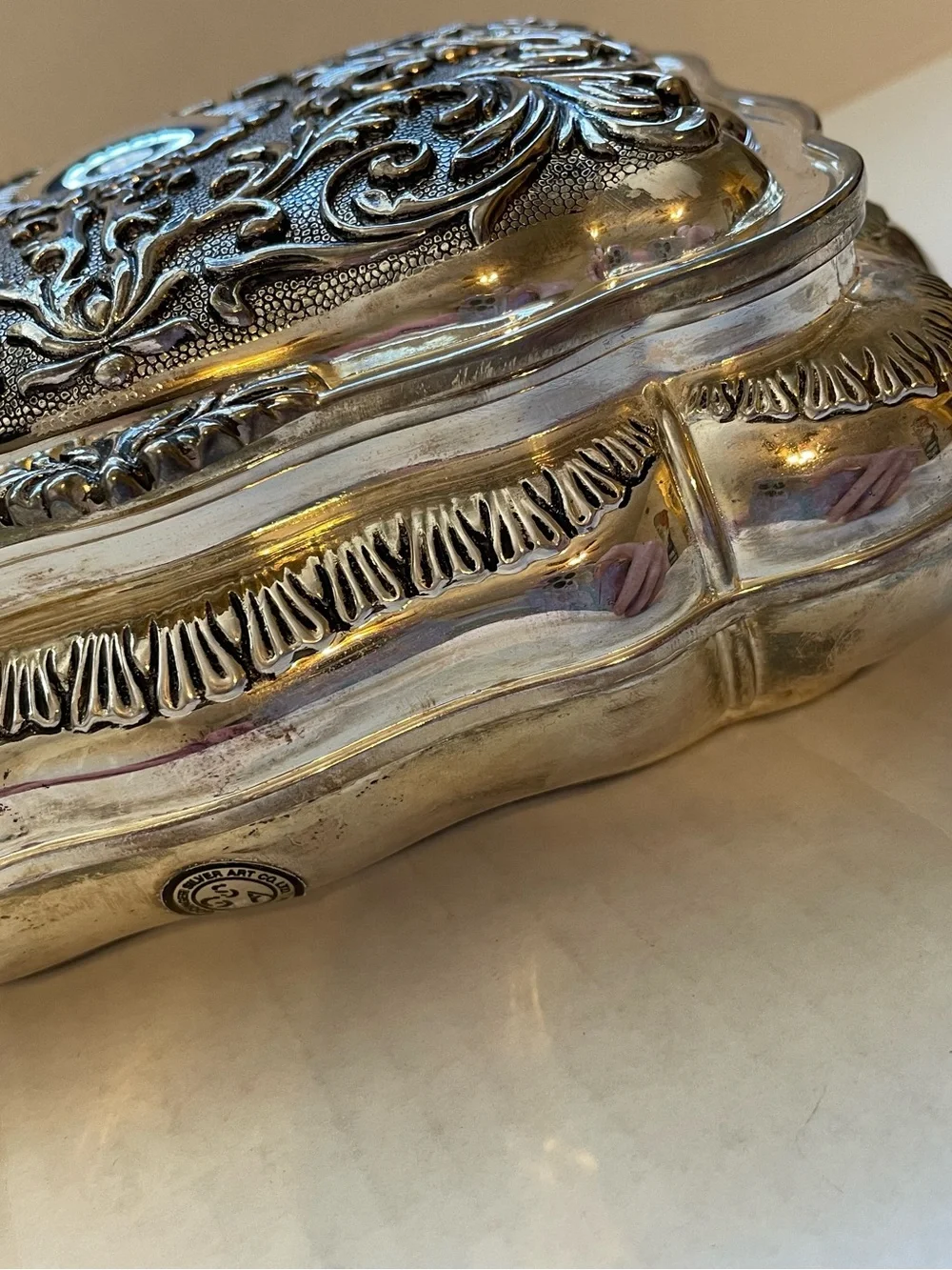 Vintage Godinger Silverplate Victorian Ornate Jewelry Box Red Velvet Lining
